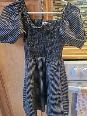 Twik Navy Blue Checked Smocked Puff-Sleeve Dress